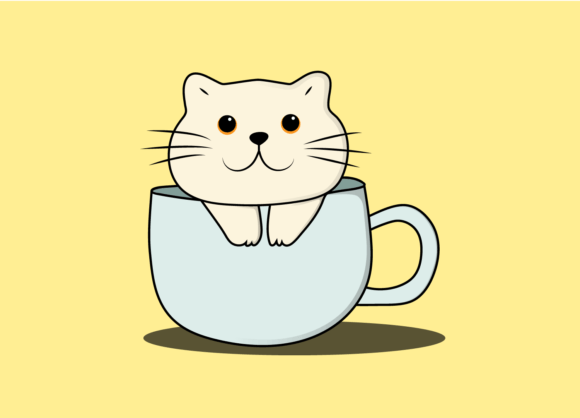Cute Cat in a Cup Hand Drawn